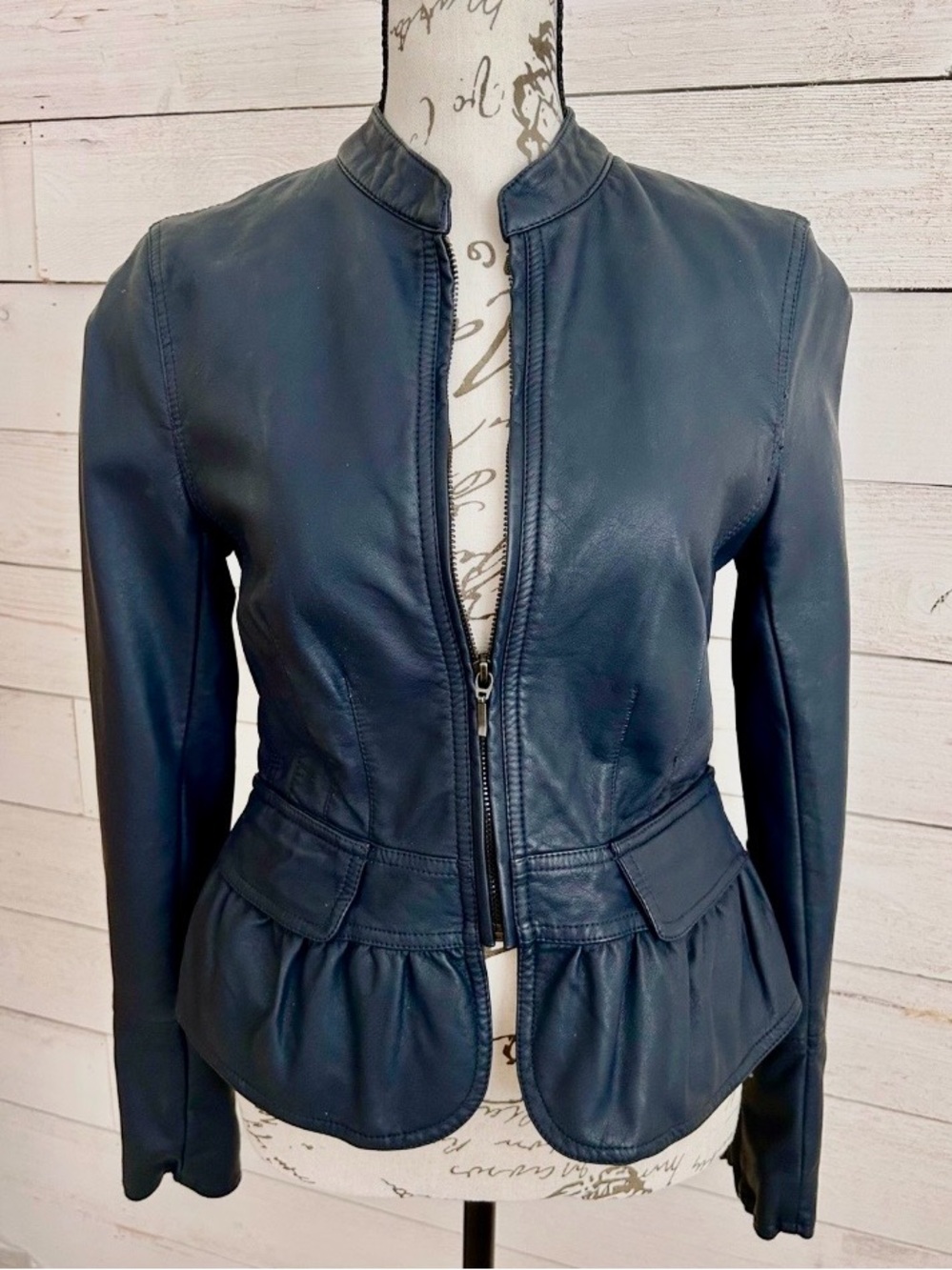 NWOT~Midnight Blue Ruffled Vegan Leather Peplum Moto Jacket